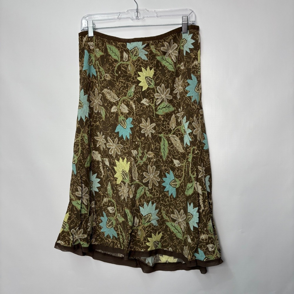 Sigrid Olsen Brown Floral Silk Chiffon A-Line Midi Skirt Y2K Vintage Size 10
